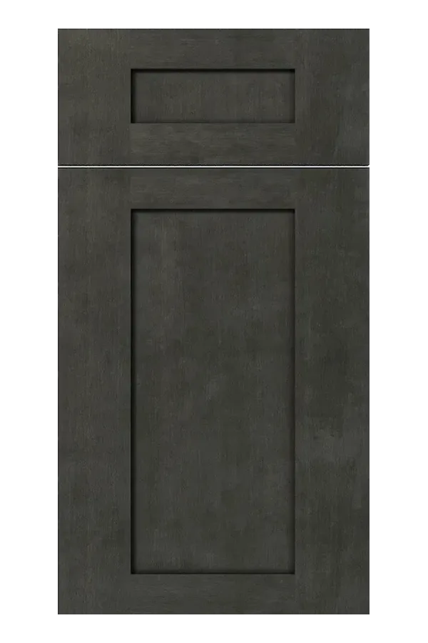 Weathered charcoal wood-grain shaker door sample with visible stain texture
