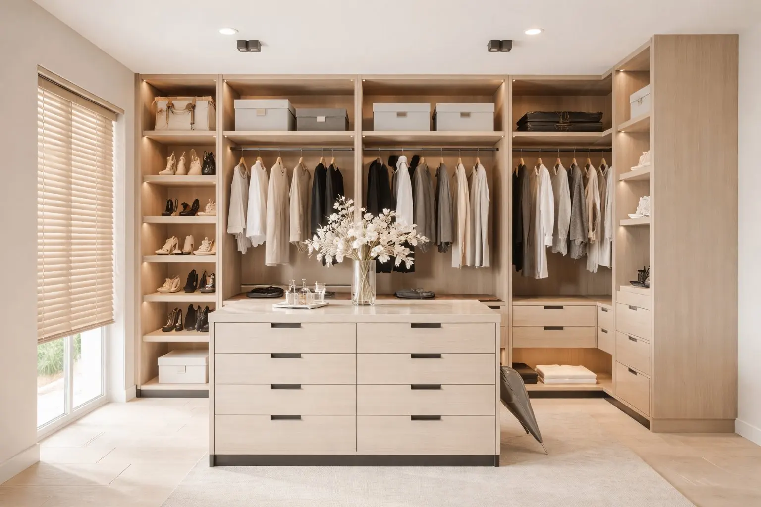 Light wood walk-in closet with an island dresser and organized hanging storage