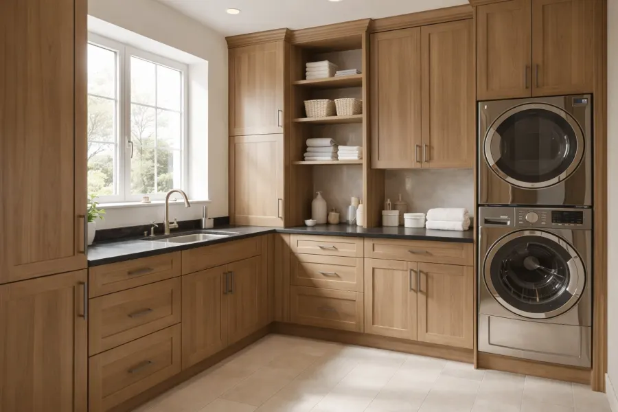 Warm wood laundry room cabinetry with dark countertop and open towel shelving