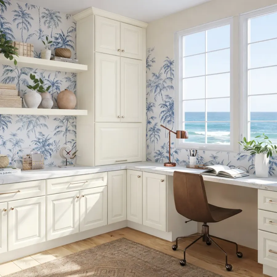 Built-in cream cabinetry and shelving in a home office with a marble countertop desk