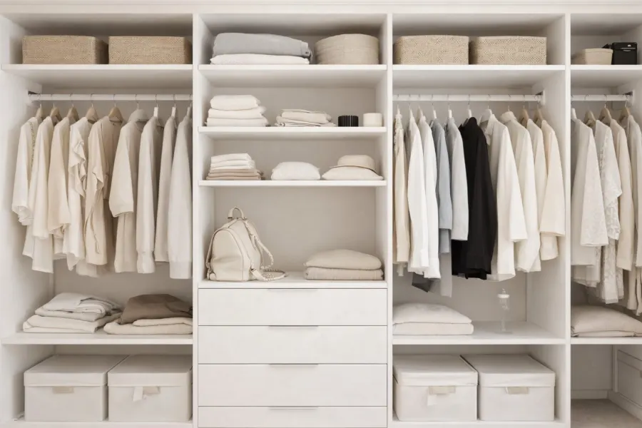 White reach-in closet system with hanging rods, folded shelving and shoe storage
