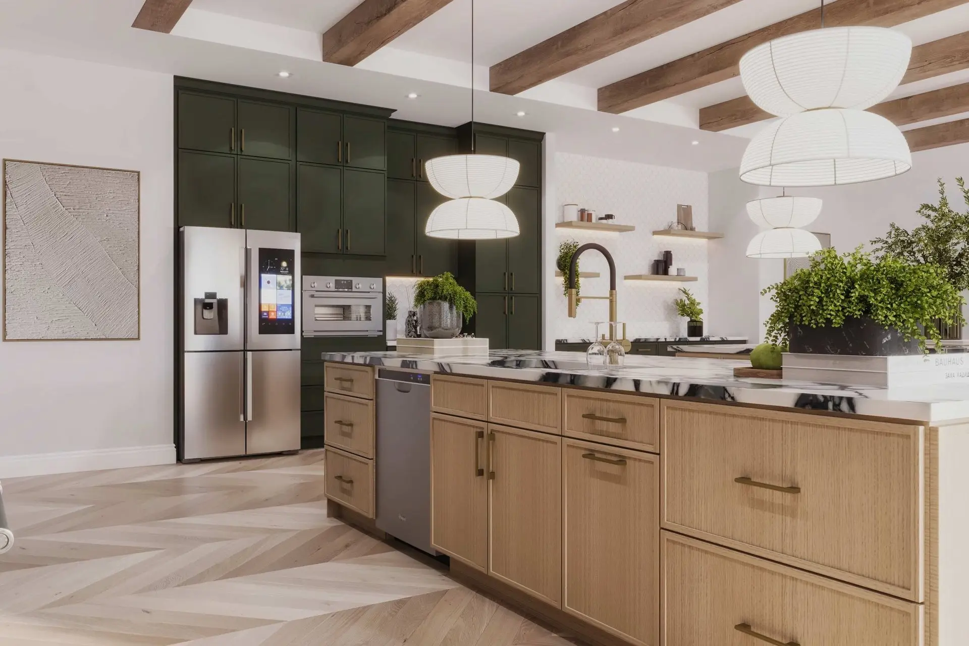Kitchen island topped with dramatic veined quartz countertop under pendant lights