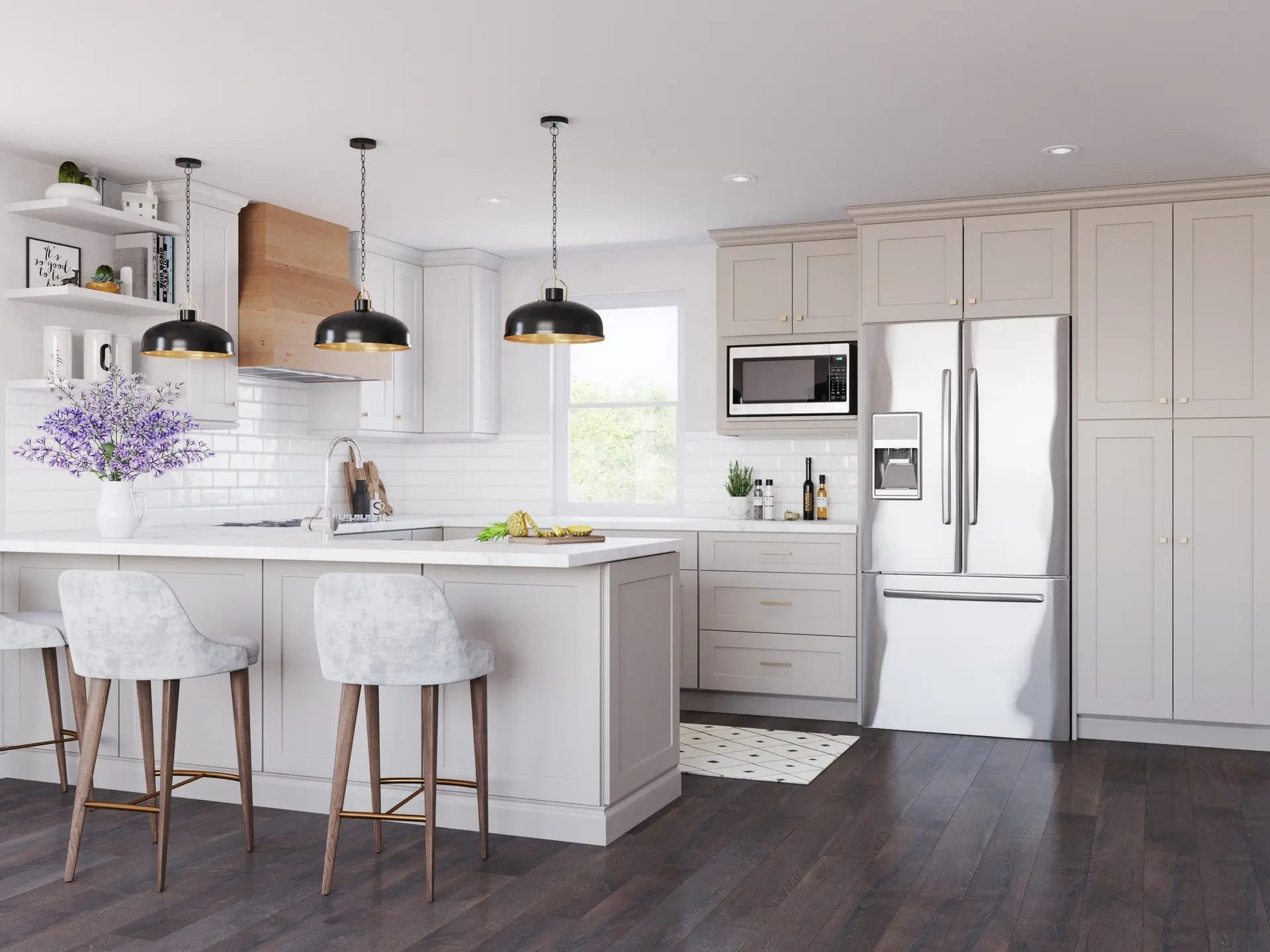 Shaker kitchen with dark hardwood-look plank flooring