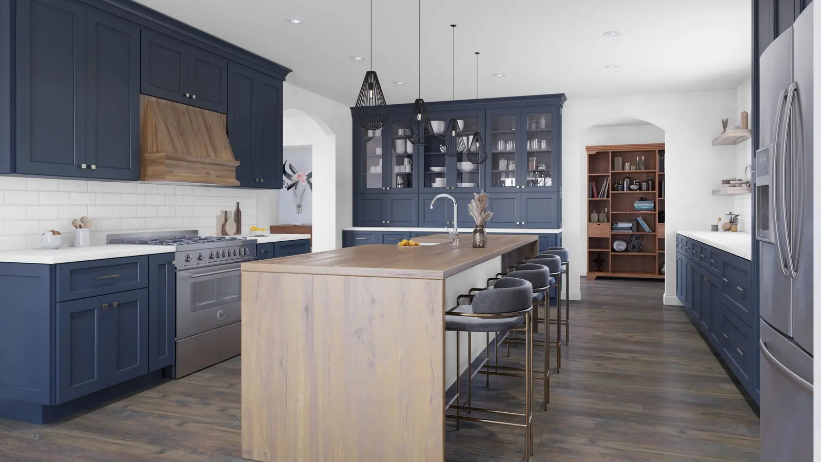 Navy blue shaker kitchen with a light wood island top and dark walnut floors