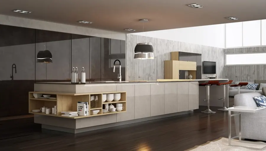 Glossy flat-panel modern kitchen cabinets in a dark, contemporary kitchen